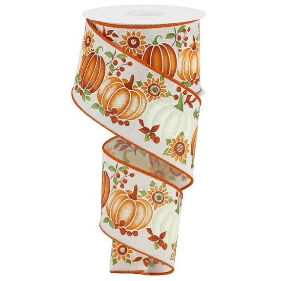 Pumpkins & Fall Sunflowers Wired Edge Ribbon - 2.5" x 10 Yards (Cream, Orange, Moss)RGE1950C2