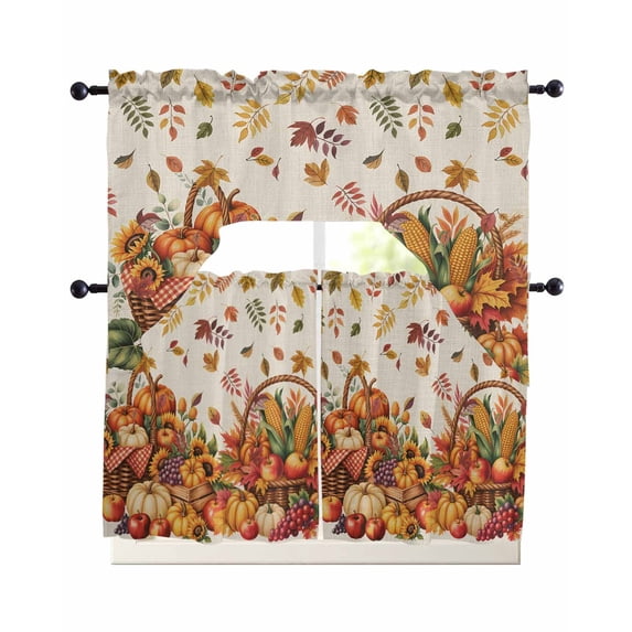 Pumpkins Fall Swag Kitchen Curtains Sets for Windows 24 Inch Length, Harvest Thanksgiving Botanical Farmhouse Leaves Short Window Curtain Swags Valances and Tiers 3 Piece Set for Cafe/Dining Room