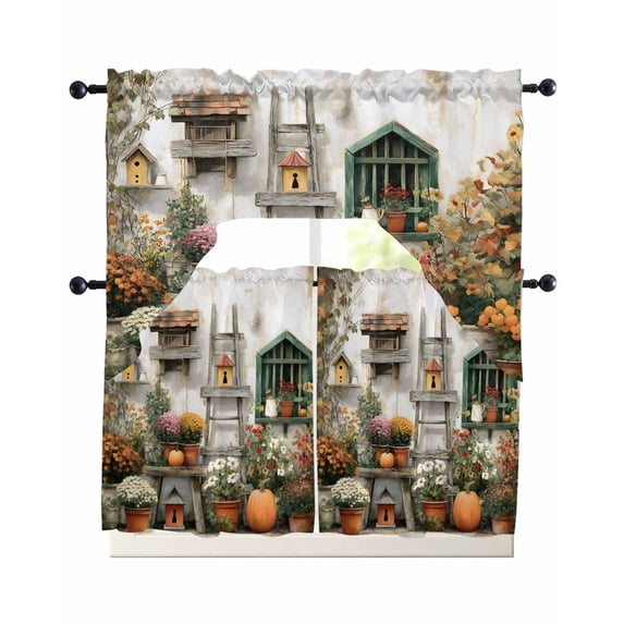 Pumpkins Fall Swag Kitchen Curtains Sets for Windows 24 Inch Length, Thanksgiving Floral Farmhouse Modern Art Short Window Curtain Panels Swags Valances and Tiers 3 Piece Set for Cafe/Dining Room
