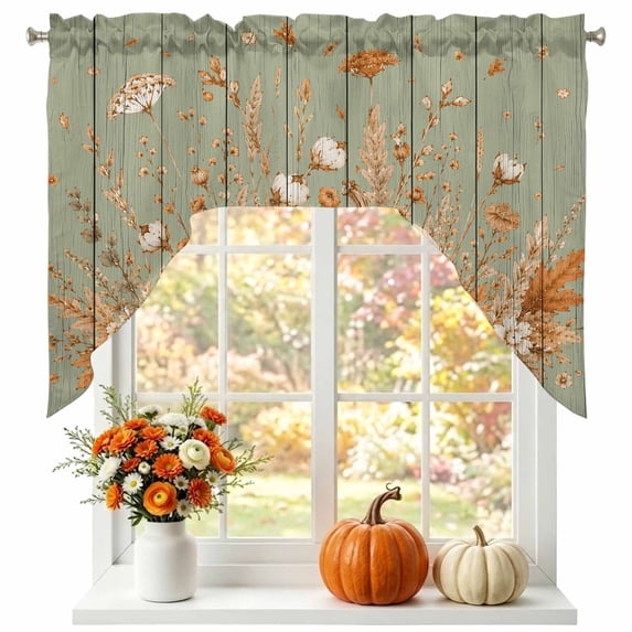 Pumpkins Fall Swag Valances for Windows, Small Curtains Drapes, Vintage Floral Thanksgiving Green Wooden Kitchen Window Curtains Over Sink Window Treatment Valance for Bedroom/Bathroom 56"x36"