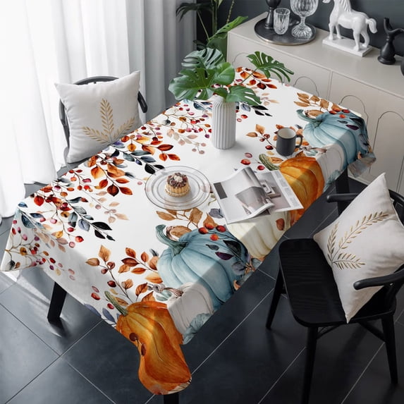 Pumpkins Fall Table Cloth Waterproof Tablecloths, Thanksgiving Eucalyptus Leaves Farmhouse Tablecloth Dining Table Cover for Kitchen Party Tabletop Outdoor, Rectangle Tablecloth 54x108 Inch