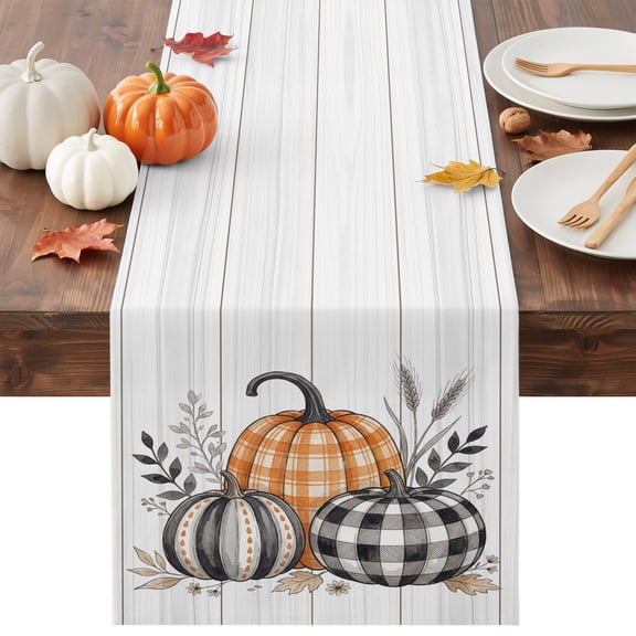 Pumpkins Fall Table Runner - 36 Inch Long Thanksgiving Botanical Wooden Checkered Cotton and Linen Blended Dress Scarves Farmhouse Table Runner for Kitchen Dining, Coffee Table, 13" x 36"