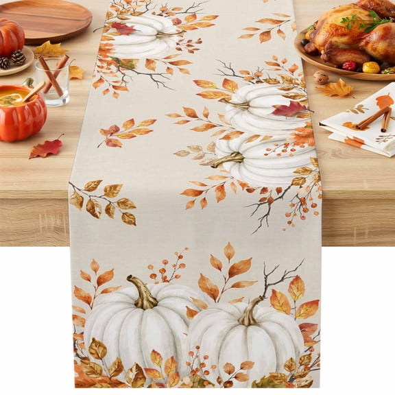 Pumpkins Fall Table Runner, Thanksgiving Autumn Leaves Farmhouse Washable Table Runners for Kitchen Dining Cafe Decor, Dresser Scarf Holiday Decorations 13x36 Inch