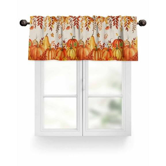 Pumpkins Fall Thanksgiving Kitchen Valances for Windows Orange Leaves Farmhouse Valance Curtains&nbsp; for Kitchen /Living Room/Bedroom/ Bathroom Decor, 54"x18 " ,Rod Pocket 1 Panel,