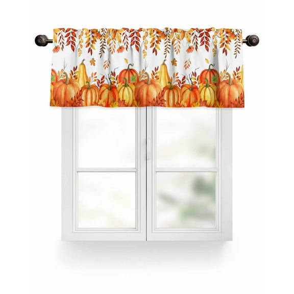 Pumpkins Fall Thanksgiving Kitchen Valances for Windows Orange Vintage Leaves White Valance Curtains&nbsp; for Kitchen /Living Room/Bedroom/ Bathroom Decor, 54"x18 " ,Rod Pocket 1 Panel,