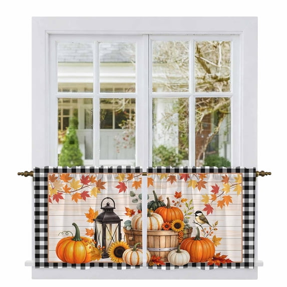 Pumpkins Fall Tier Curtains 36 Inch Length, Thanksgiving Wooden Leaves Checkered Cafe Short Curtains for Bathroom Over Sink, Small Kitchen Curtain Light Filtering Tiered Drapes 2 Panels 27.5"Wx36"L