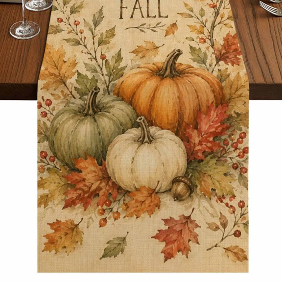 Pumpkins Fall Welcome Burlap Cotton Table Runner 13x36 Inches Short, Maple Botanical Thanksgiving Farmhouse Table Runners, Outdoor Dining Table Decor for Baby Shower/Party/Wedding