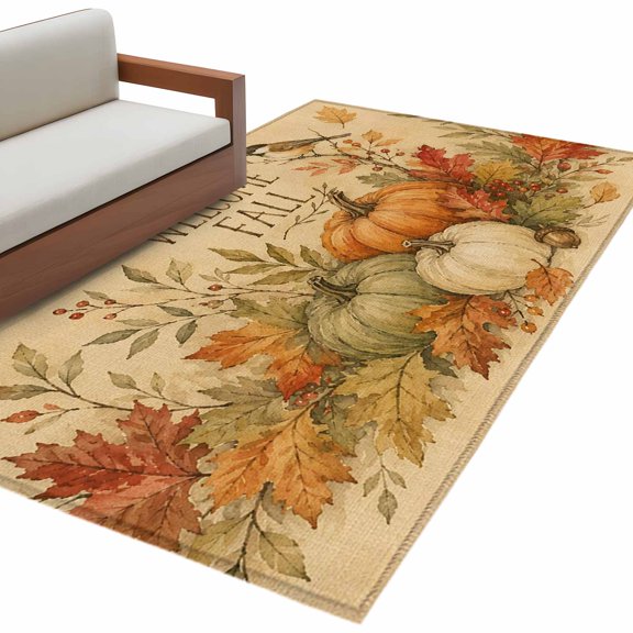 Pumpkins Fall Welcome Kitchen Runner Rug 2.7x5 Washable Runners for Hallway Non Slip Maple Botanical Thanksgiving Large Area Rug Indoor Floor Carpet for Bathroom Laundry Entryway Bedroom Living Room