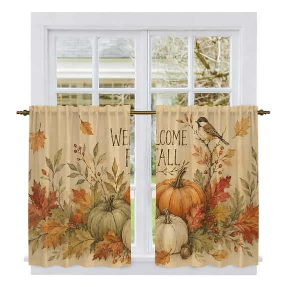 Pumpkins Fall Welcome Tier Curtains 54 Inch Length, Maple Botanical Thanksgiving Cafe Short Curtains for Bathroom Over Sink, Small Kitchen Curtain Light Filtering Tiered Drapes 2 Panels 27.5"Wx54"L