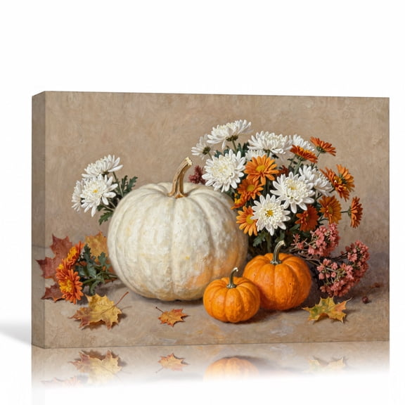 Pumpkins Flowers Autumn Wall Art Fall Canvas Print White Pumpkin Gallery Wrapped Canvas Kitchen Decor 24"L x 16"W