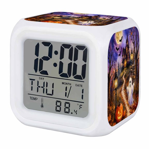 Pumpkins Ghost Halloween Digital Alarm Clock for Bedrooms, Smart LED Alarm Clock with 7 Color Changing Night Light, Purple Orange Maple Leaves Silent Wake Up Clocks for Sleep Study Cooking 3.2"x3.2"