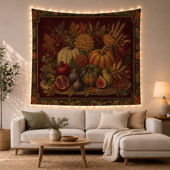 Pumpkins and Gourds on Autumn Fabric, Cozy Rustic Style for Farmhouse Decor Lovers, Harvest Wall Art, Thanksgiving Hostess Gift, Tapestry Wall Hanging for Kitchen and Entryway