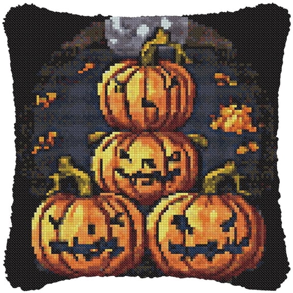 Pumpkins in Halloween Cross-Stitch Pillow DIY Kit Fully Openable Zipper Design Pillowcase 11CT Counted Needlepoint Handmade Cushion Pre-Printed Pattern Eco-friendly Cotton and Linen 45x45cm