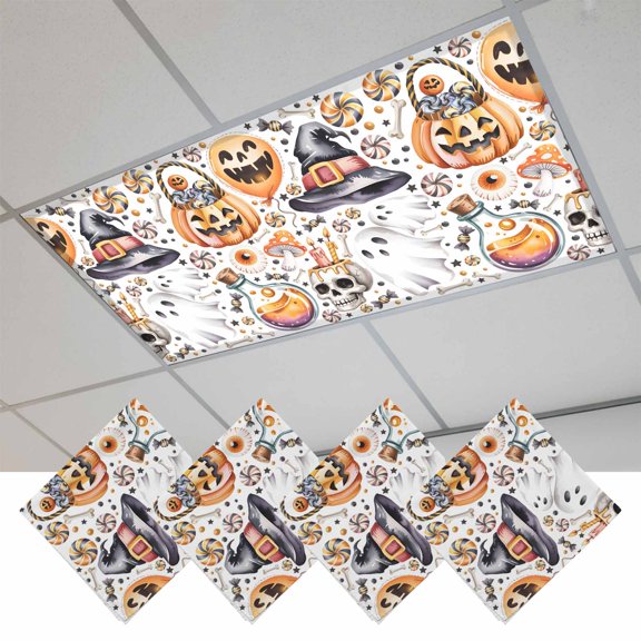 Pumpkins Halloween Fluorescent Light Covers, Skull Candy Candle Cute Ghost Magnetic Light Covers for Ceiling Lights, Fluorescent Ceiling Shade Filters for Classroom Bedroom Office 4x2Ft x 4PCS
