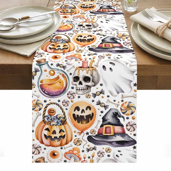 Pumpkins Halloween Table Runner - 70 Inch Long, Kitchen Dining Table Runner Dresser Scarves, Skull Candy Candle Cute Ghost Farmhouse Decor for Coffee Tables Wedding Party Banquet