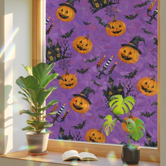 Pumpkins Halloween Window Privacy Film Rainbow Static Cling Stain Glass Window Film for Glass Door, Decorative UV Blocking Sunroof Decal Sticker for Car 23.6"x59" Horror Haunted Houses Purple