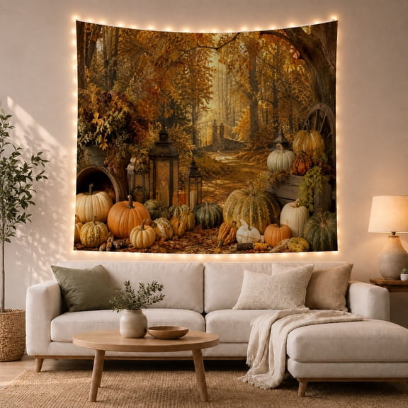 Pumpkins and Lanterns on a Golden Forest Path, Cozy Rustic Style for Nature Lovers, Harvest Wall Art, Thanksgiving Hostess Gift, Tapestry Wall Hanging for Kitchen and Entryway