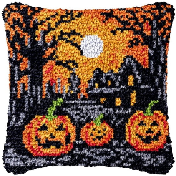 Pumpkins Latch Hook Kits Pillow DIY Rug Cushion Making Kits with preprinted Pattern Canvas Instruction Yarns and Latch Hooking Pillow Cover Easy to Start DIY Home Decor Kits 43x43cm