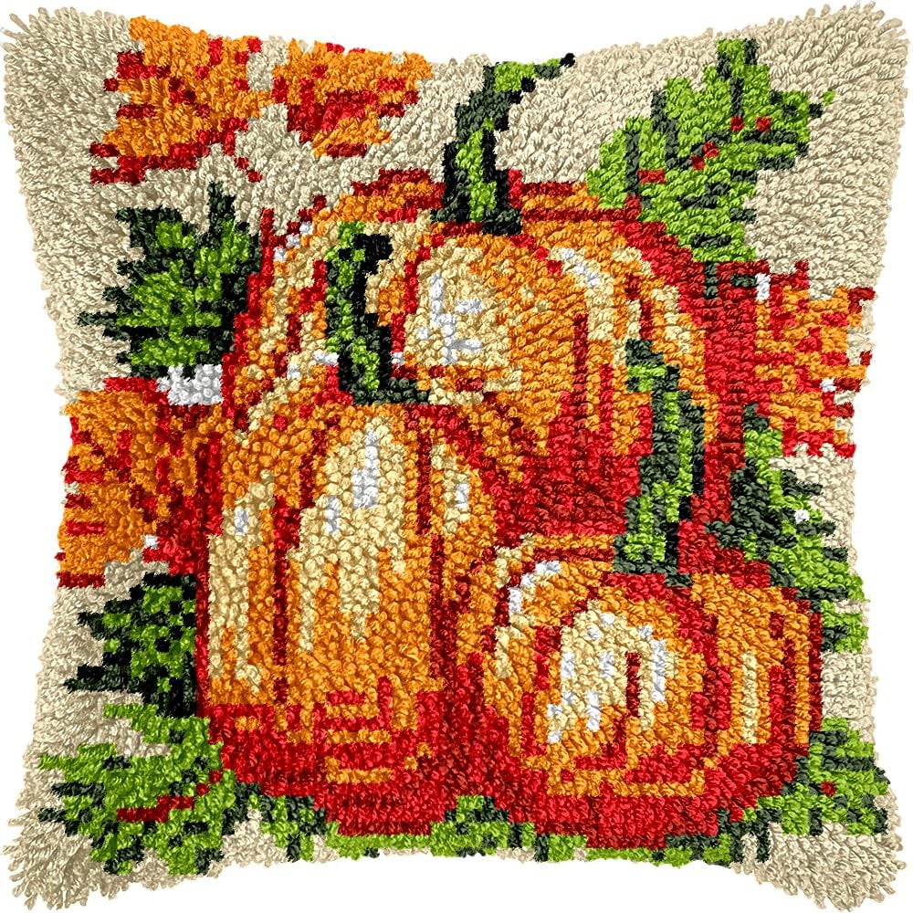 Pumpkins Latch Hook Pillow Kits for DIY Throw Pillow Cushion Embroidery Latch Hooking Pillowcase Kits with Preprinted Canvas Crochet Yarn Kits for Home Decor 17''X 17''(d220)
