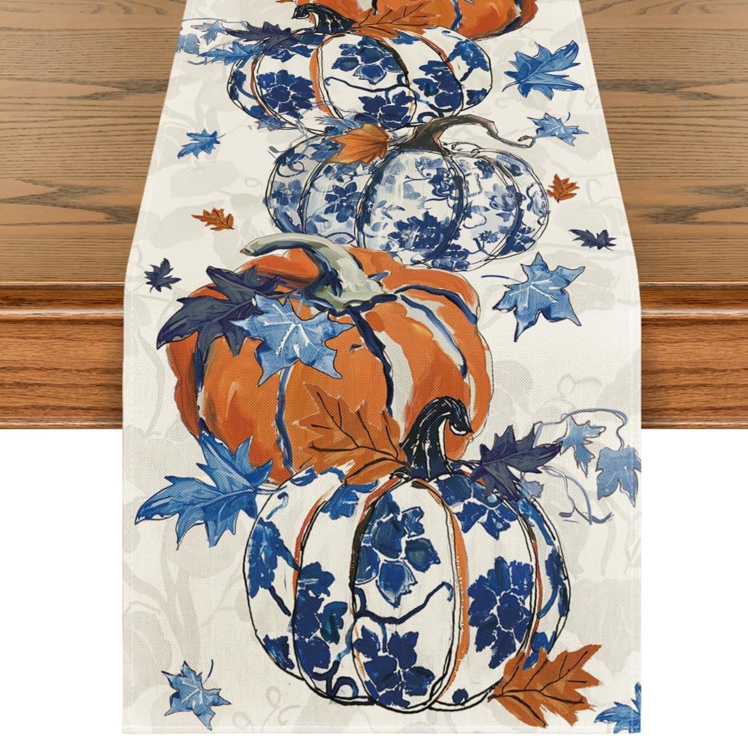 Pumpkins Maple Leaf Blue and White Fall Table Runner Seasonal Kitchen ...