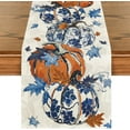 thumbnail image 1 of Pumpkins Maple Leaf Blue and White Porcelain 210 GSM Fall Table Runner, Seasonal Kitchen Dining Table Decoration for Home Party Decor 13x36 Inch, 1 of 7