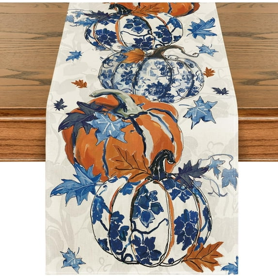 Pumpkins Maple Leaf Blue and White Porcelain 210 GSM Fall Table Runner, Seasonal Kitchen Dining Table Decoration for Home Party Decor 13x36 Inch