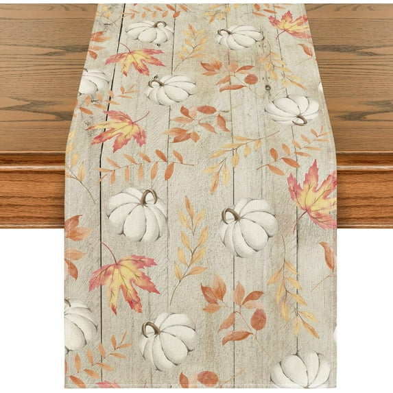 Pumpkins Maple Leaves Beige Wood Fall Table Runner, Seasonal Autumn Kitchen Dining Table Decoration for Home Party Decor 13x108 Inch