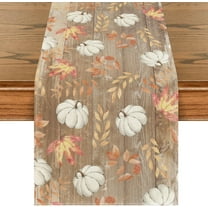 Pumpkins Maple Leaves Brown Wood Fall Table Runner, Seasonal Autumn Kitchen Dining Table Decoration for Home Party Decor 13x108 Inch