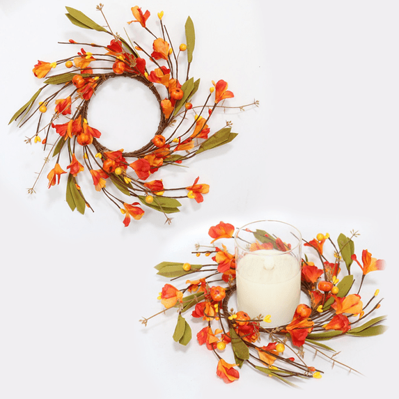 Pumpkins Maple Leaves Candle Rings Wreaths with Pip Berry Fall Candle Rings Thanksgiving Day Ring Holder Mini Autumn Artificial for Wedding,Door Tabletop Decoration, 1-Pack (Orange), Ccwuwei