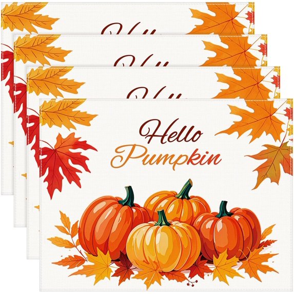 Pumpkins Maple Leaves Fall Placemats Set of 4,12.5x17 Inch Fall Placemats Autumn Thanksgiving Harvest Table Mats for Dining Table Home Party Kitchen Decoration