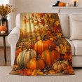 thumbnail image 1 of Pumpkins with Maple Leaves and Forest Fence, Realistic Painterly Style for Fall Lovers, Cozy Autumn Scene, Flannel Blanket for Cabin and Living Room, Thanksgiving Gift and Harvest Home Decor, 1 of 7