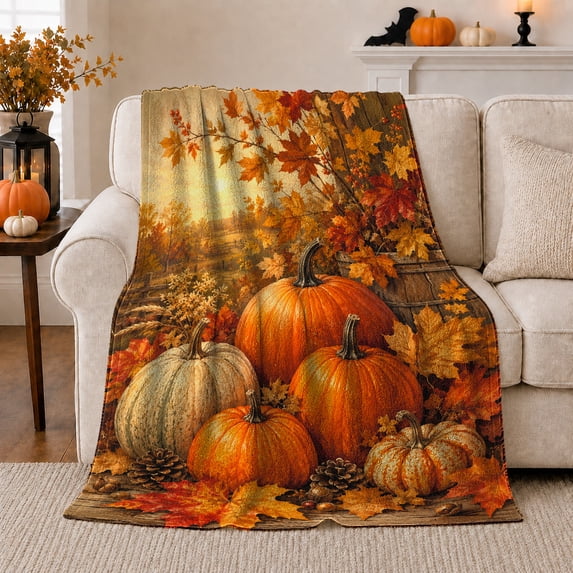 Pumpkins with Maple Leaves and Forest Fence, Realistic Painterly Style for Fall Lovers, Cozy Autumn Scene, Flannel Blanket for Cabin and Living Room, Thanksgiving Gift and Harvest Home Decor