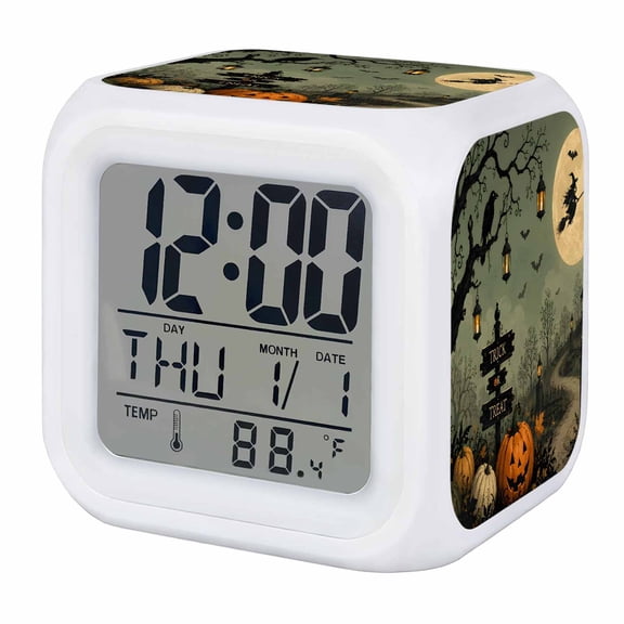 Pumpkins Path Halloween Digital Alarm Clock for Bedrooms, Smart LED Alarm Clock with 7 Color Changing Night Light, Black Trees Moon Silent Wake Up Clocks for Sleep Study Cooking 3.2"x3.2"