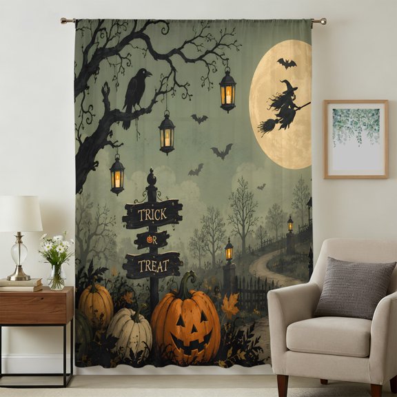 Pumpkins Path Halloween Sheer Curtains 96 Inches Long, Black Trees Moon Light Filering Curtains, Privacy Drapes Simi Floor to Veiling Curtain for Living Room Bedroom Large Window Treatment