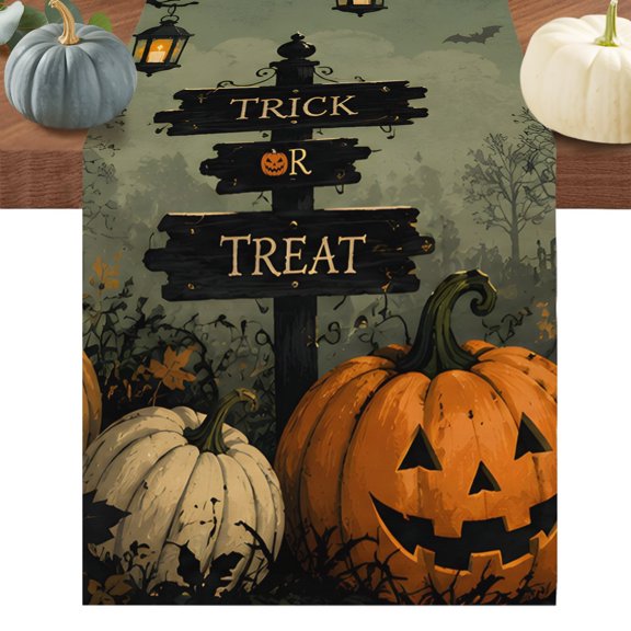 Pumpkins Path Halloween Table Runner 70 Inches Long, Black Trees Moon Cotton Linen Table Runners Dresser Scarves, Decorative Fabric Tabletop Scarf Furniture Cover for Home Dinner Party 13"x70"
