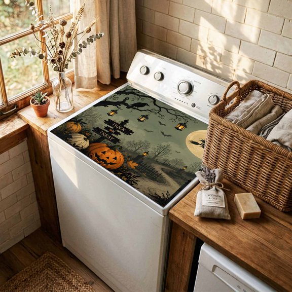 Pumpkins Path Halloween Washer and Dryer Topper Dustproof Dryer Top Protector Mat Non Slip Black Trees Moon Washing Machine Top Cover Pad for Laundry Room Kitchen Countertop Decor 27" x 27"