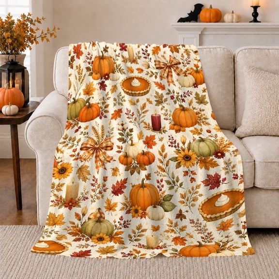 Pumpkins and Pie with Autumn Leaves, Festive Farmhouse Style for Thanksgiving Lovers, Fall Harvest Pattern and Thanksgiving Gift, Cozy Flannel Blanket for Family Room and Living Room, Home Decor