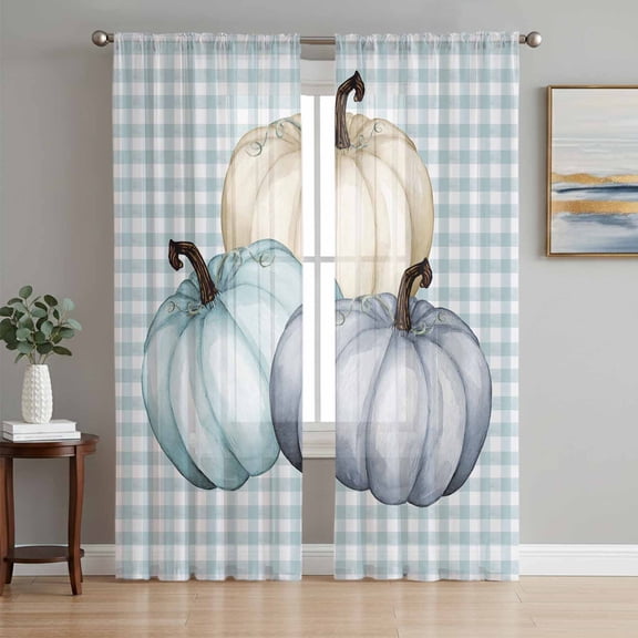 Pumpkins Sheer Curtains 72 Inch Length 2 Panels Set, Thanksgiving Fall Farmhouse Teal Buffalo Plaid Voile Window Treatment Rod Pocket Curtains Sheers Drapes for Bedroom/Living Room/Kitchen 52"x72"x2