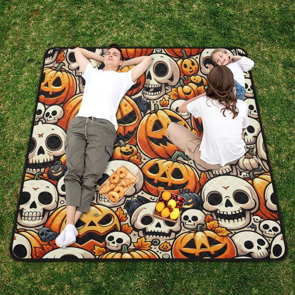 Pumpkins Skeleton Halloween Beach Blanket Outdoor Picnic Blanket 78"x 78" Waterproof Foldable for Beach Camping Travel Hiking Grass Lawn Park