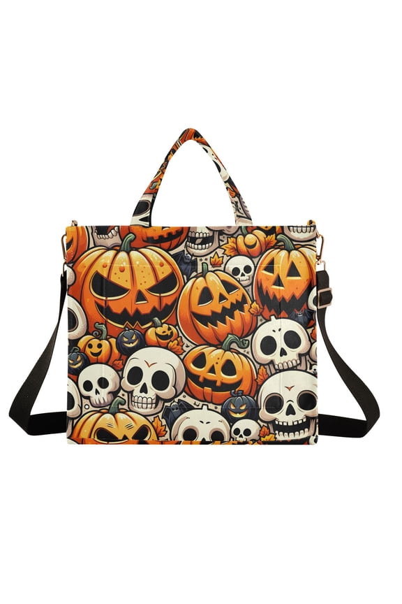 Pumpkins Skeleton Halloween Corduroy Tote Bag Handbag Large Messenger Bag Shoulder Crossbody Zipper Bag Purse
