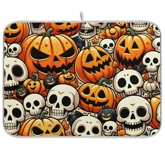 Pumpkins Skeleton Halloween Dish Drying Mat Dish Drainer Rack Mats Water Absorbent Non-Slip Easy Clean Heat Resistant for Kitchen Counter