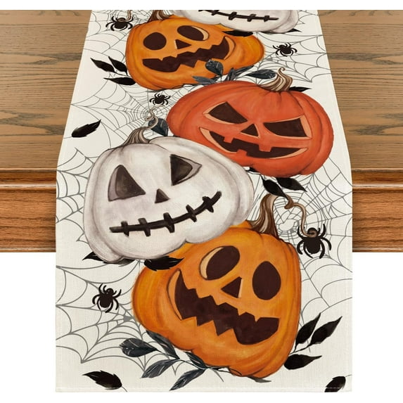 Pumpkins Spider Web Halloween Table Runner, Seasonal Fall Kitchen Dining Table Decoration for Home Party Decor 13x36 Inch