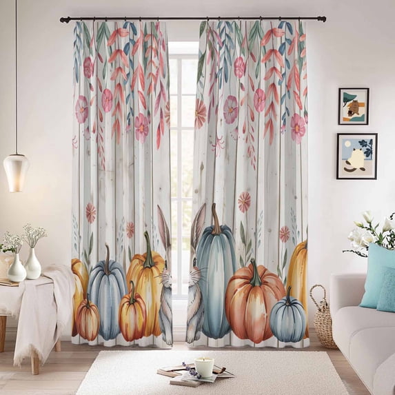 Pumpkins Spring Floral Blackout Curtains for Bedroom/Living Room, Pinch Pleated Black Out Curtains, Watercolor Flowers Wooden Botanical Room Darkening Window Drapes with Hooks 2 Panels, 59"x70"