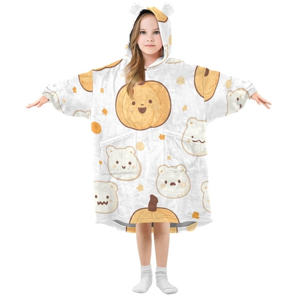 Pumpkins Stars Cute Bear Faces Halloween Flannel Wearable Blankets Hooded Design Long Sleeves Wrap Unisex for 3T-14Y M