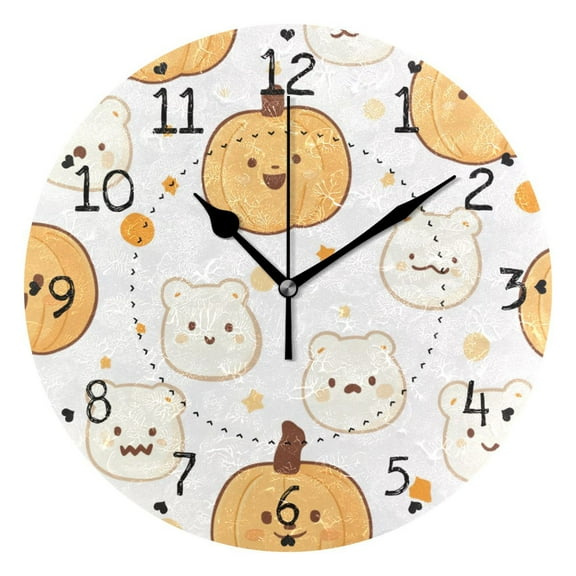 Pumpkins Stars Cute Bear Faces Halloween Round Wall Clock Silent Analog Battery Operated Black Pointer Home Decor 9.84" Diameter