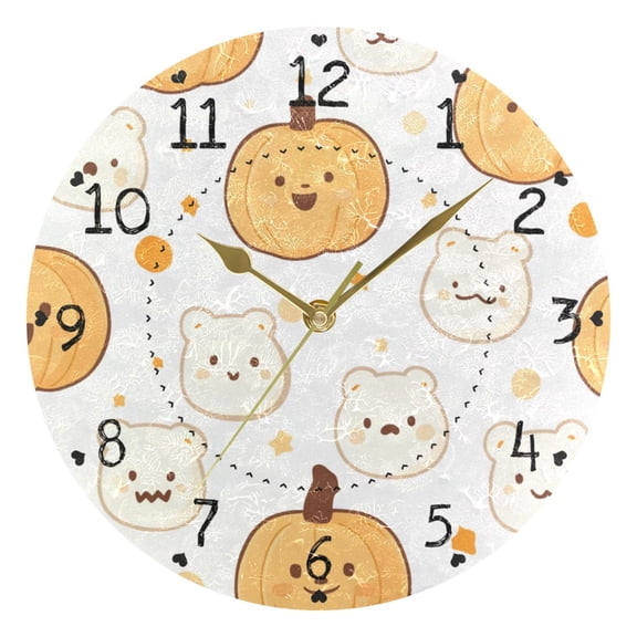 Pumpkins Stars Cute Bear Faces Halloween Round Wall Clock Silent Analog Battery Operated Gold Pointer Home Decor 9.84" Diameter