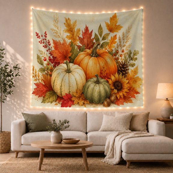 Pumpkins With Sunflowers and Autumn Leaves, Cozy Rustic Style for Farmhouse Decor Lovers, Harvest Wall Art, Thanksgiving Gift, Tapestry Wall Hanging for Living Room and Entryway