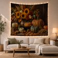 thumbnail image 1 of Pumpkins & Sunflowers Against a Dark Brown Rustic Tableau, Nostalgic Folk Art for Autumn Lovers, Harvest Still Life Decor, Thanksgiving Gift, Tapestry Wall Hanging for Living Room and Bedroom, 1 of 7