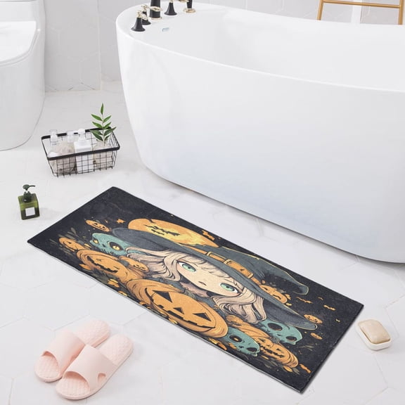 Pumpkins Surround Cute Witch Bath Mat 39x20 Non-Slip Bathroom Rugs Absorbent Soft Plush Quick Dry for Tub Shower Kitchen Home Decor