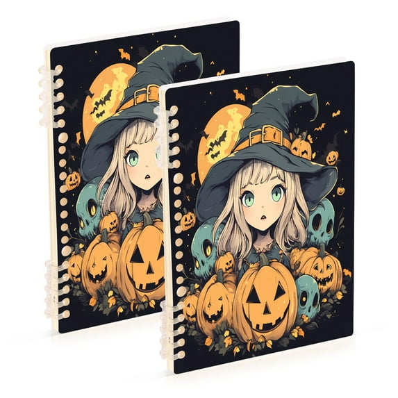 Pumpkins Surround Cute Witch Notebooks 2 Pcs 1-subject Journal 60 Sheets A5 College Ruled Paper Detachable Ring 8.3"x5.7"